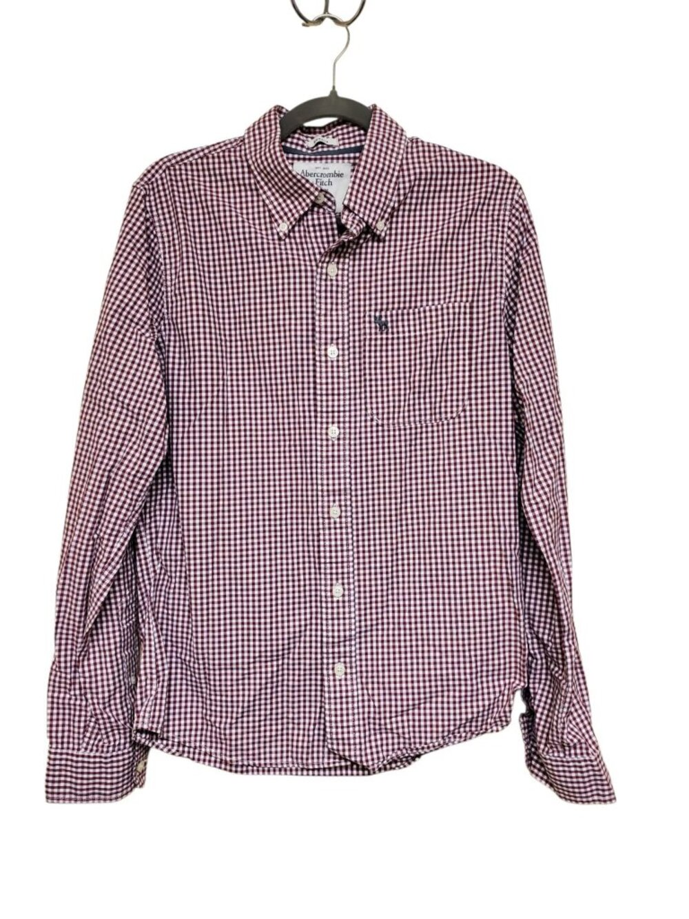 Abercrombie & Fitch Muscle Burgundy White Gingham Check Long Sleeve Button Up M
